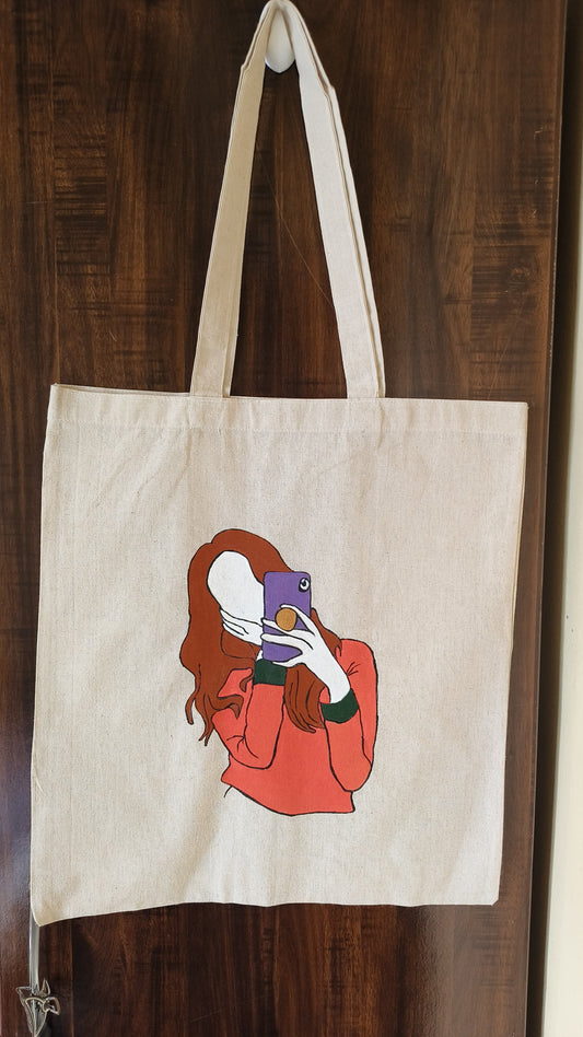 Selfie Girl Hand Painted Cotton Tote Bag - Duaira